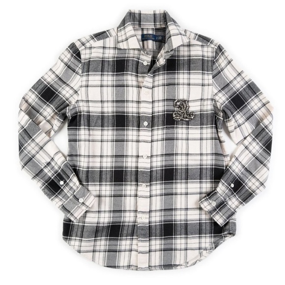 Polo Ralph Lauren Tops - Polo Ralph Lauren Plaid Flannel Button Down Top Rhinestone Crest Black White XS